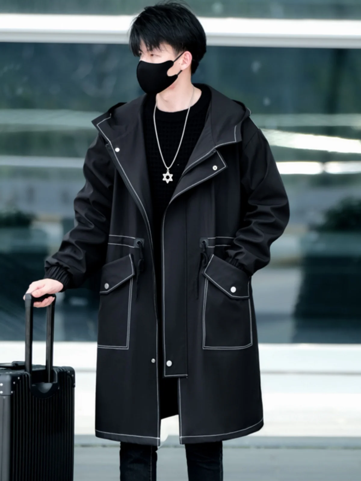 

Мужская повседневная удлиненная куртка-ветровка с капюшоном выше колена, весна-осень, модный бренд, уличный стиль, свободный крой в американском стиле