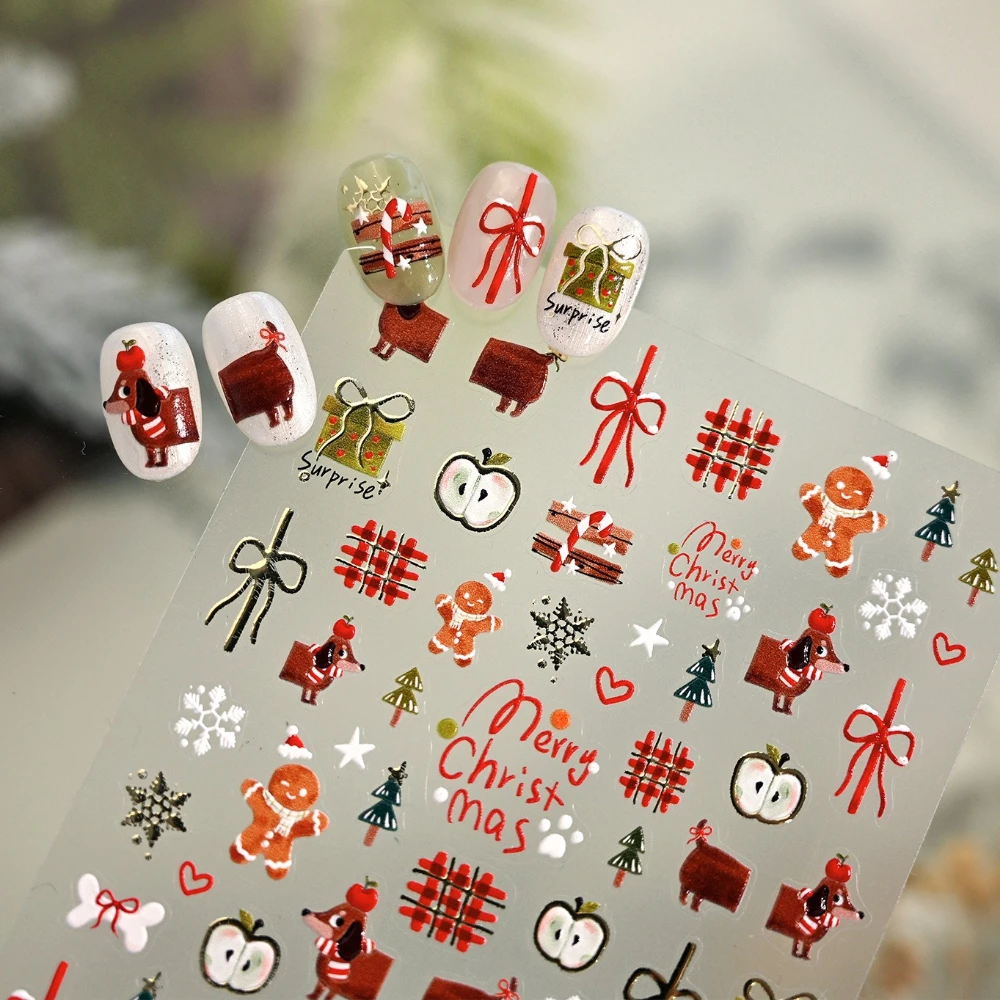 Gold Stamped Cute Dachshund Gingerbread Man Apple Bowknot Gift Snowflake Christmas Tree Nail Art Stickers Xmas Manicure Decals