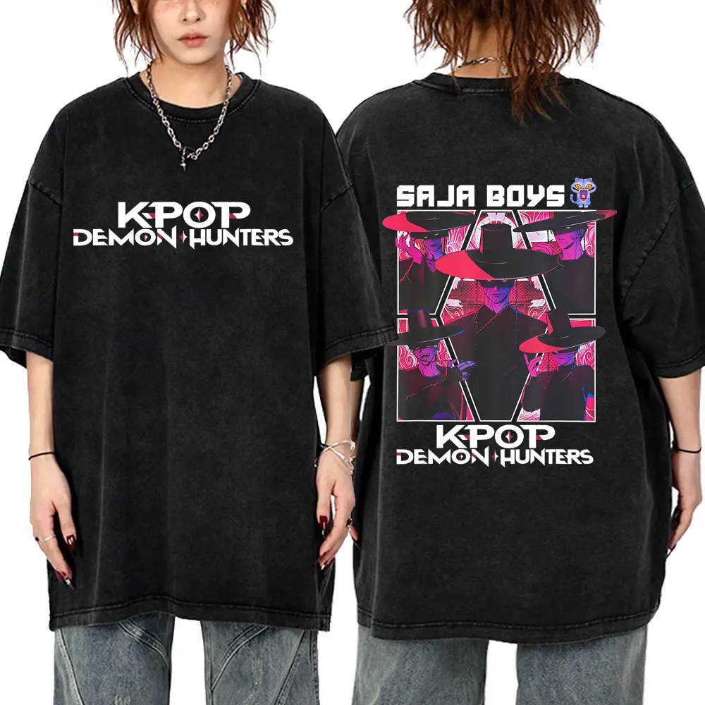 

Washed Vintage Movie KPop Demon Hunters Saja Boys Tshirt Men Women Clothing Korean Fashion Trend T-shirt Men's Casual T Shirts