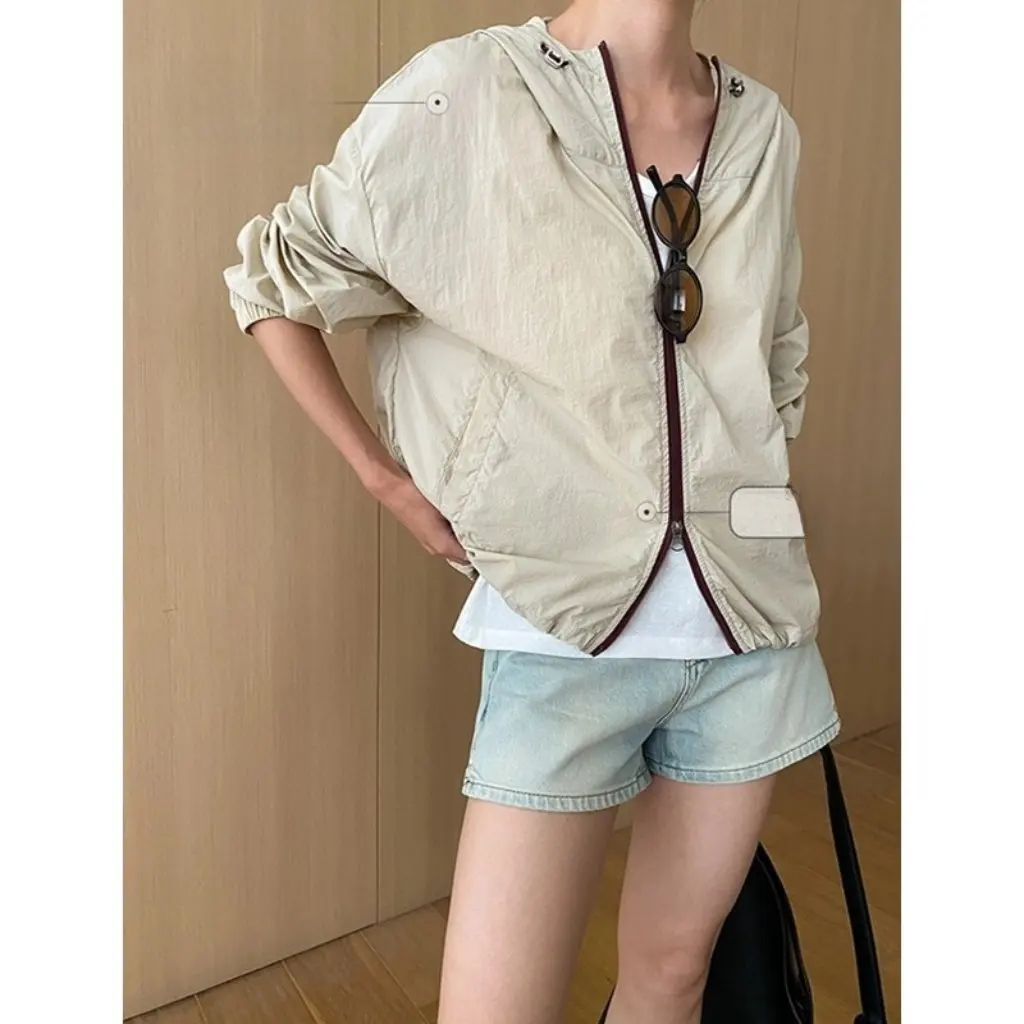 

Sinan Fashion Hooded Jacket Contrast Color Double Zipper Quick-Drying Loose Sun-Protective Air Thin Sense Women's Coat SN5869
