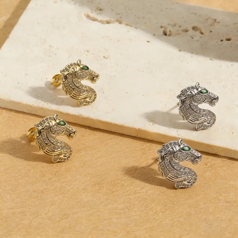 2026 New Year of the Horse Diamond Horse Head Earrings, Gold and Silver Two-Color Full Diamond Year Light Luxury Premium Earring