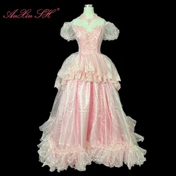 AnXin SH vintage princess pink flower lace illusion o neck beading pearls short puff sleeve ruffle customized wedding dress