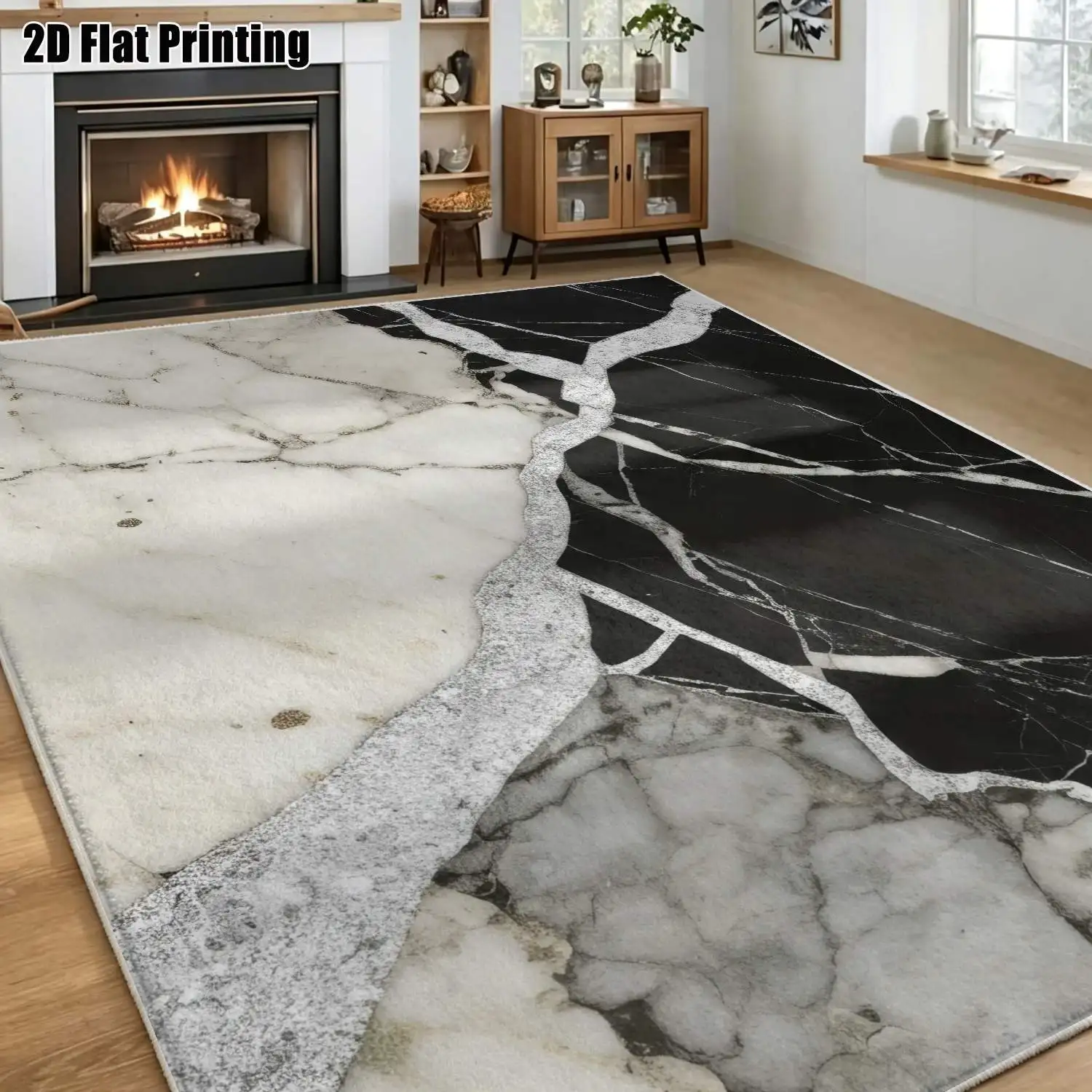 1Pc 2D Printed Black White Marble Velvet Carpet, Modern/Nordian/European/Instagram Style, Machine Washable, Multi-Size Home Decor Mat for Entrance, Dining, Bedroom, Living Room