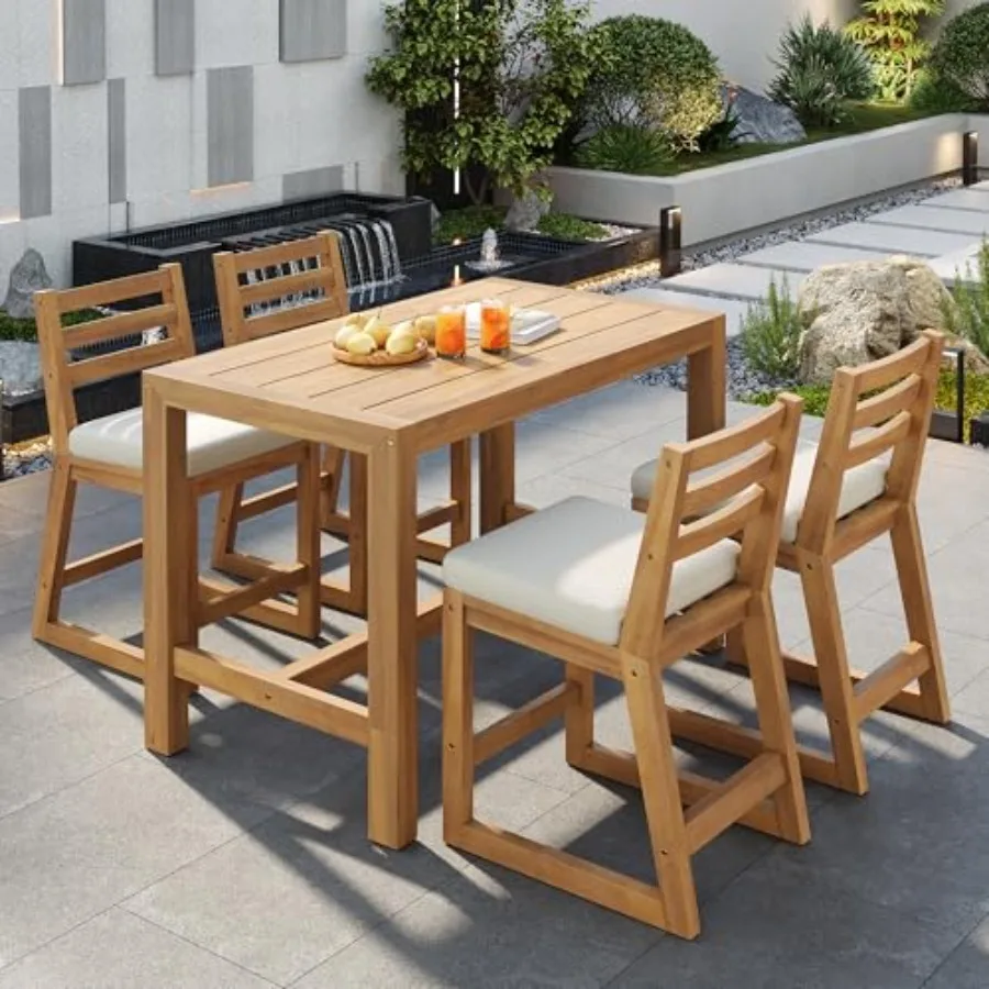 

5-Piece Acacia Wood Patio Bar Set, Rustic Outdoor Dining Table and Chairs, All-Weather Solid Wood Slatted Tabletop, Space-Savin