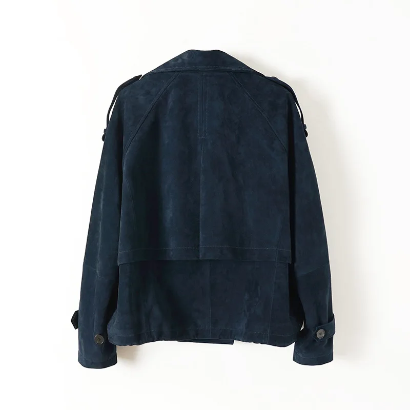 Real Suede Jacket Autumn Women Sheepskin Old Money Wind Casual Double-Breasted Short Lapel Work Clothes Dark Blue Leather Coat