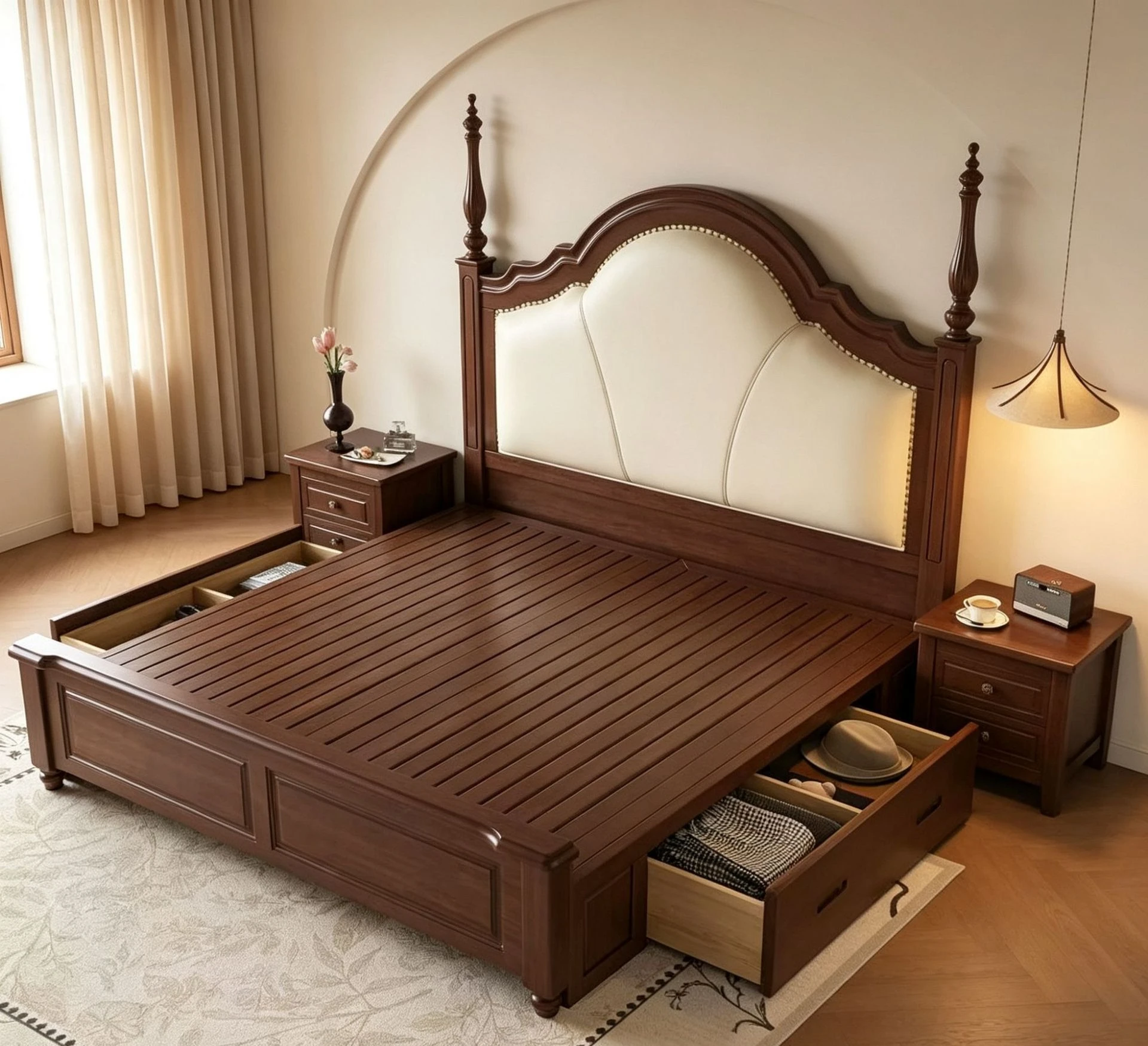 medieval style arched rivets, leather solid wood bed, high column soft bag bedside, household flush edge double solid wood bed
