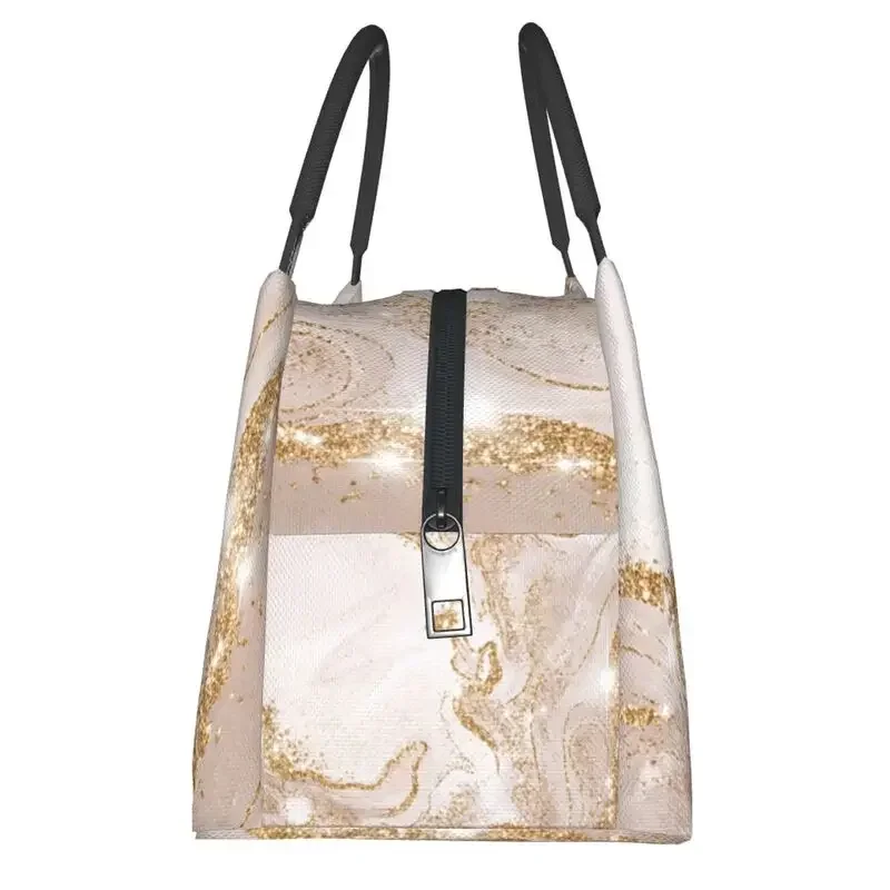 Marble Geometric Pattern Insulated Lunch Bags for Work Office Gold And Cream  Waterproof Thermal Cooler  Box Women image 4