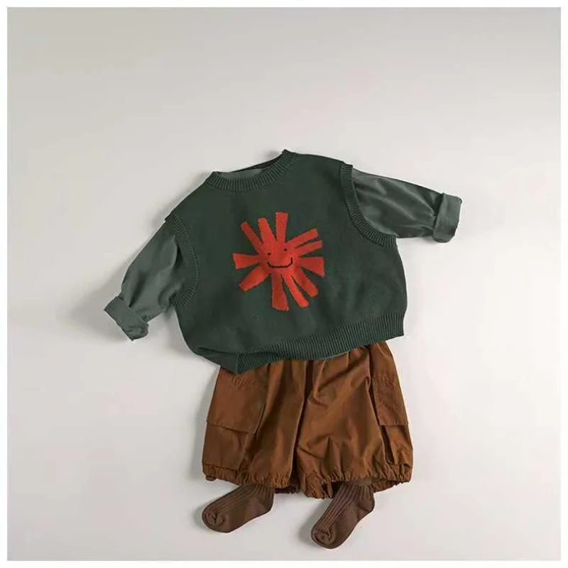 

2025 Autumn New Children Sleeveless Sweater Fashion Print Boys Girls Cotton Knit Vest O-neck Loose Kids Vintage Sweater