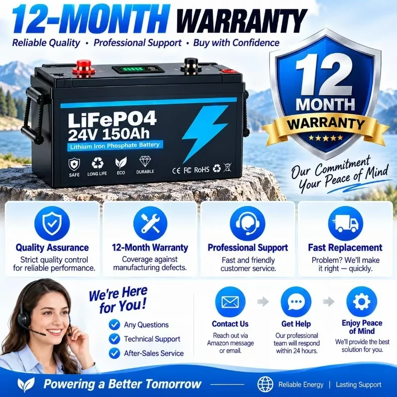 Batteria al litio ferro fosfato LiFePO4 24V 150Ah con BMS integrato, durata superiore a 8000 cicli, disponibile in magazzino all'estero con spedizione rapida per sistemi di energia solare, camper,