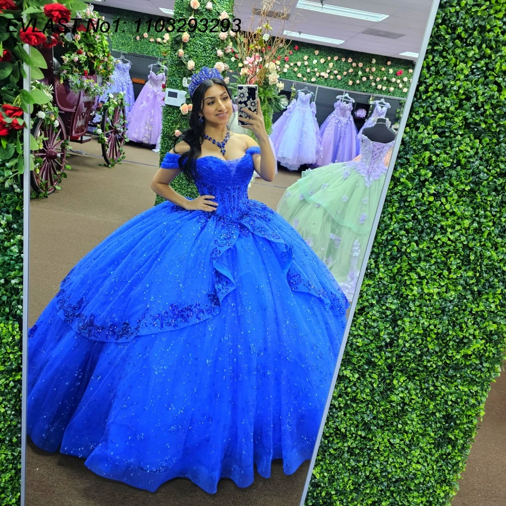 

EVLAST Customized 2025 Shiny Royal Blue Ball Gown Quinceanera Dress Glitter Applique Beading Sweet 16 Vestidos De 15 Anos E1QN58