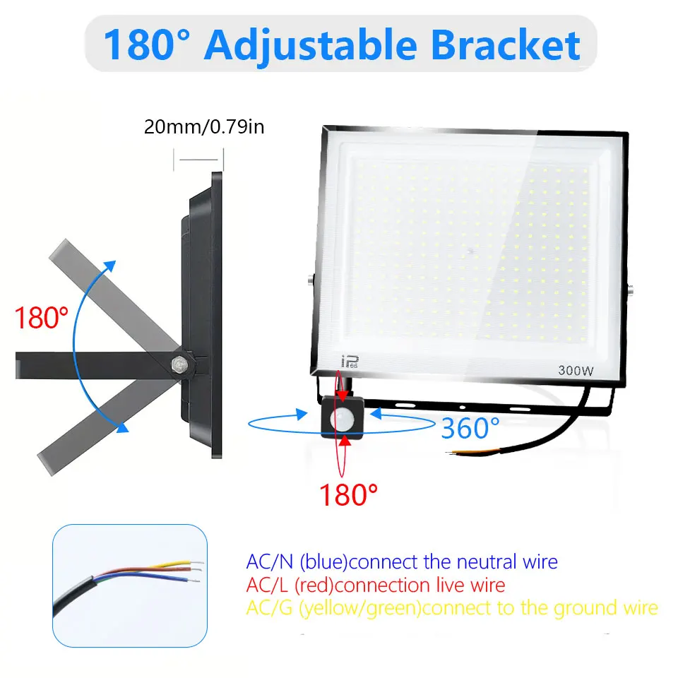 IP66 LED Floodlight Motion Sensor AC85-265V 20W 30W 50W 70W 100W 150W 200W 300W Waterproof Outdoor Projector Exterior Spotlight