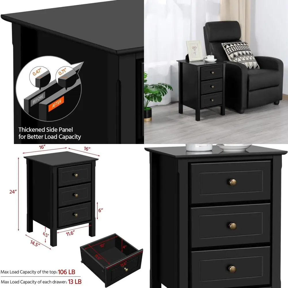 

Black Wooden 3-Drawer Nightstand for Bedroom/Office, Solid Wood Legs, Compact Storage Organizer, Easy Assembly
