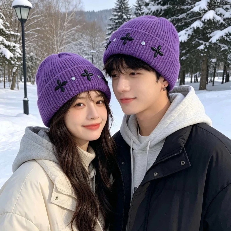 Women's Thickened Purple Knit Beanie Winter Warm Soft Skull Cap with Black 4-Leaf Clover Rhinestones Y2K Fashion Outdoor Ski Hat