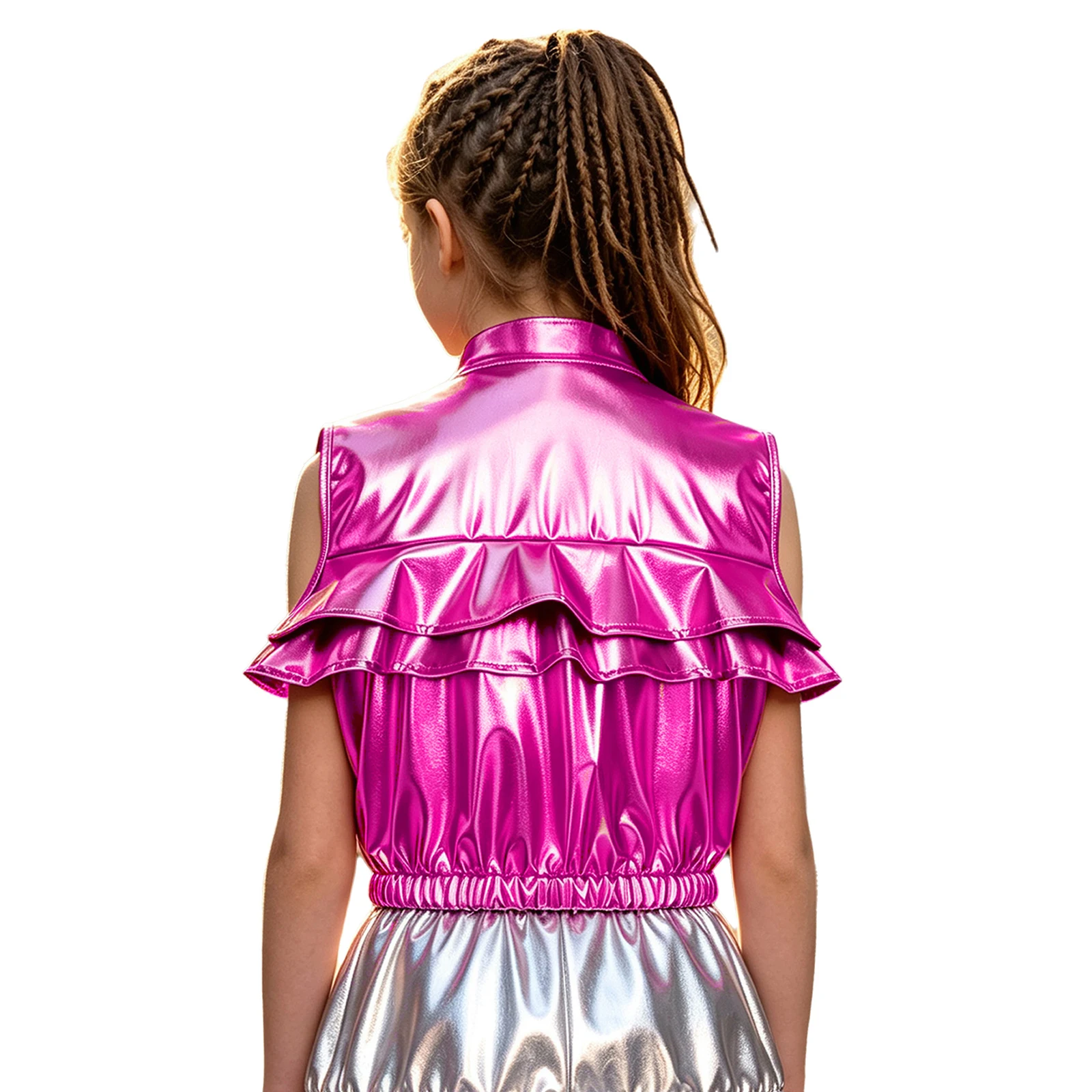 Kids Girls Metallic Vest Hip-hop Jazz Dance Waistcoat Ruffled Elastic Hem Zipper Sleeveless Jacket And Pockets Disco Performance