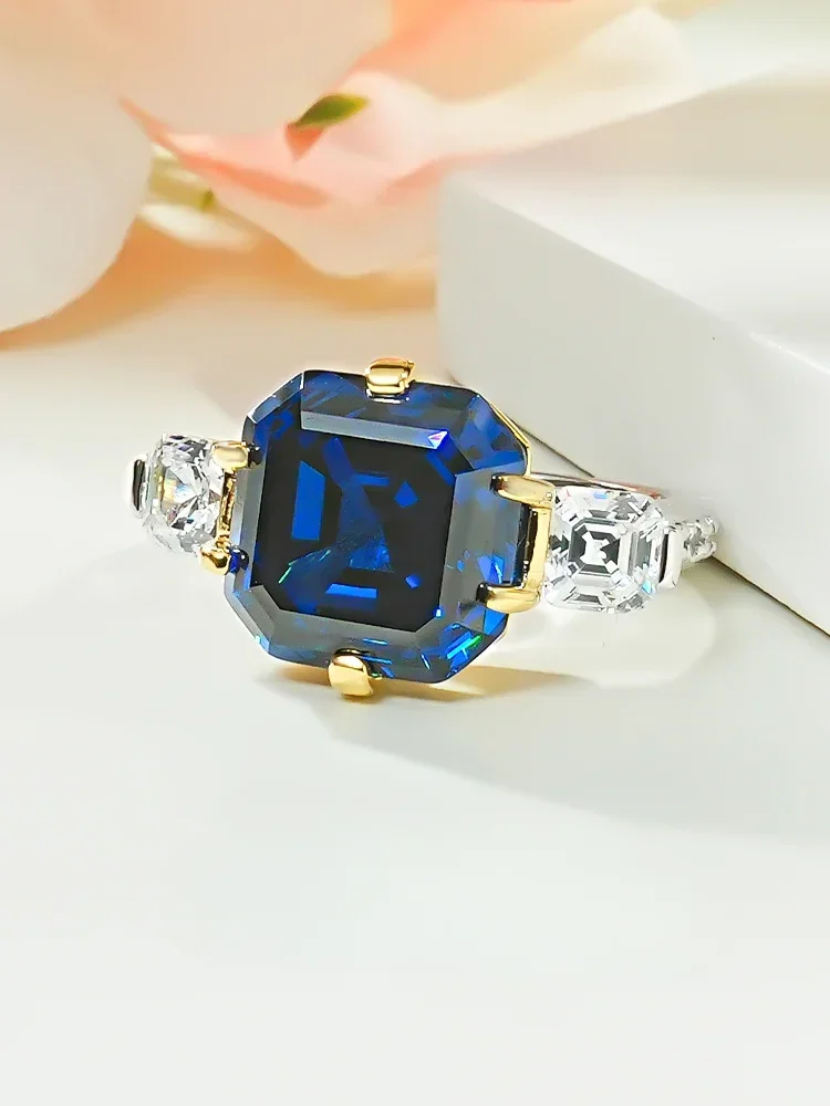 Hip Hop Style 925 Sterling Silver Blue Treasure Ring with High Carbon Diamond Wedding Ring for Women's Jewelry Wedding