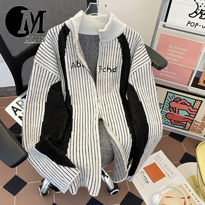 [OIMG] American Fashion Brand Striped Knitted Sweater Jacket Men's And Women's Cardigan Zipper Stand Up Collar