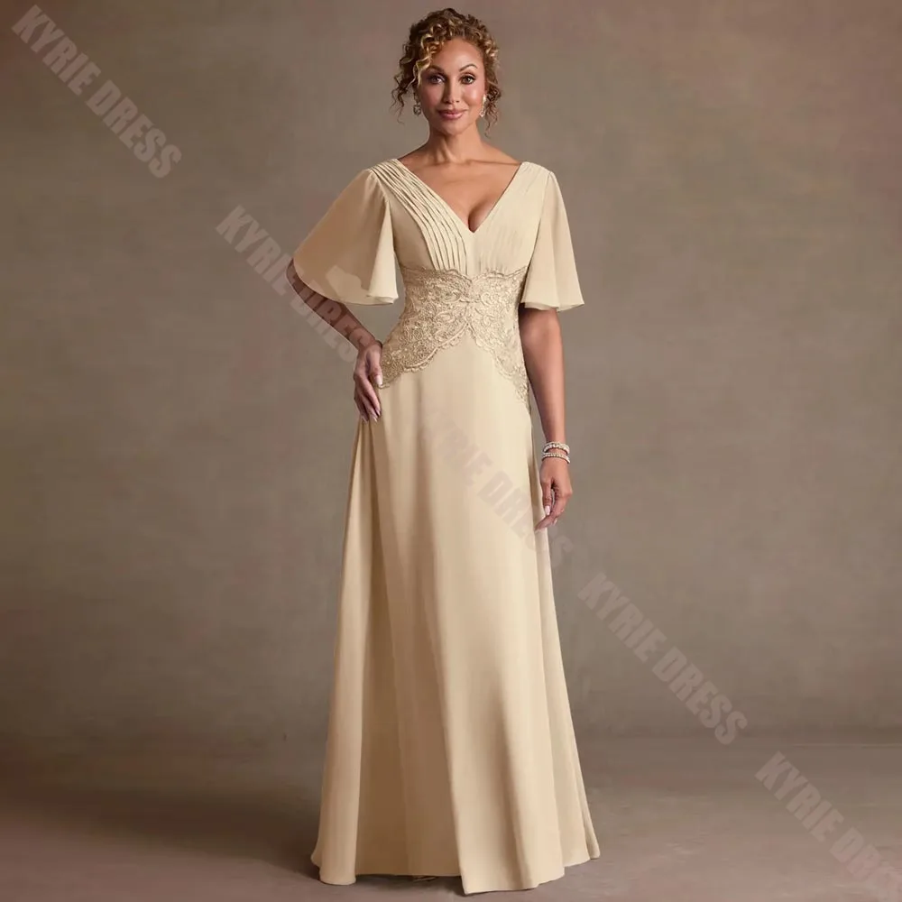 Customized Mother of The Bride Dresses 2026 V Neck Short Sleeves Embroidery Applique for Wedding Guest Dress Party Evening Gown