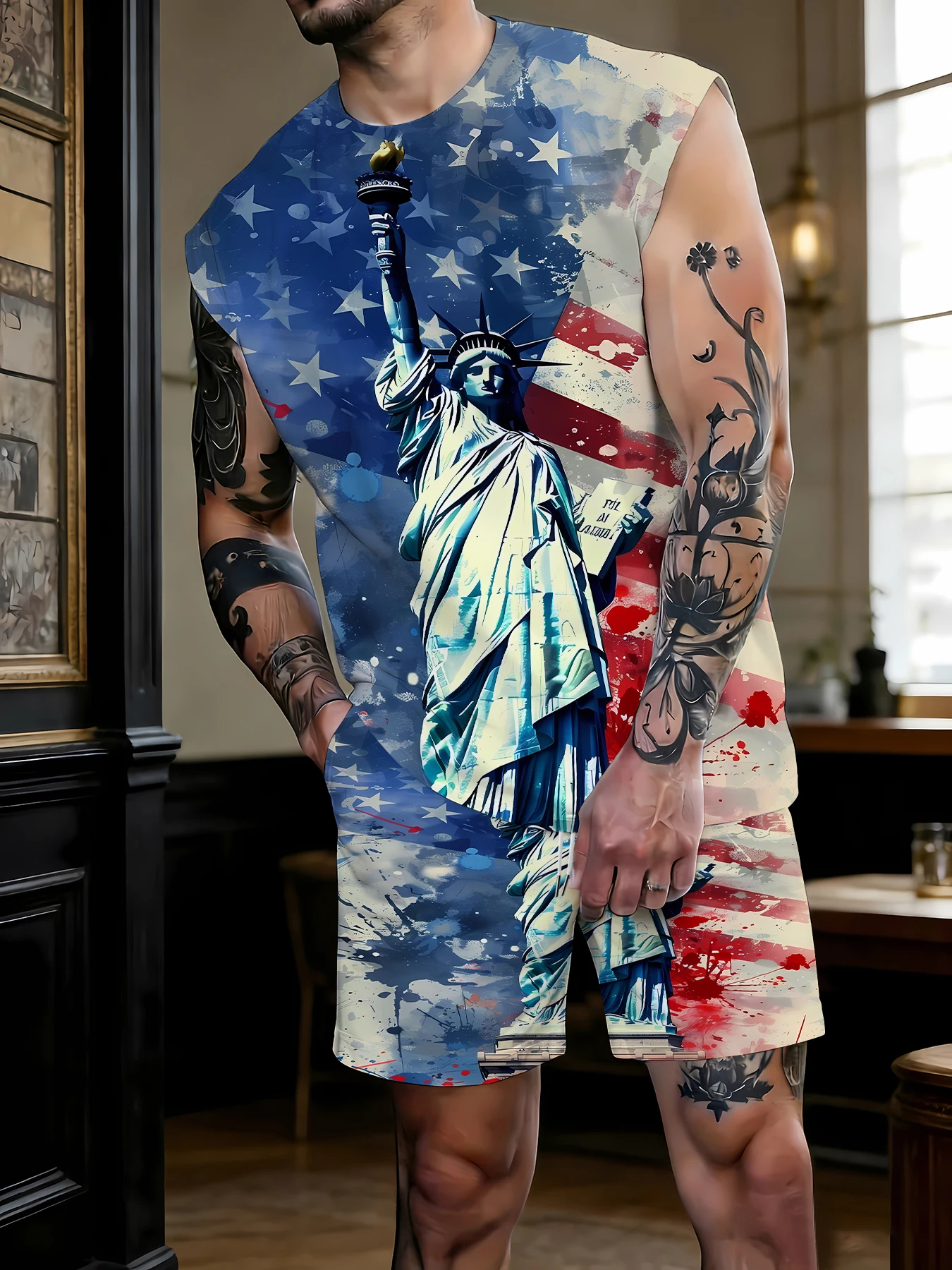 

Men's V-Neck Tank Top and Shorts Set Lightweight Polyester Homewear Vacation Outfit Standard Fit