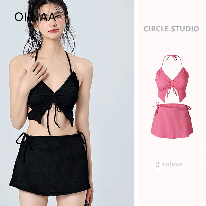 

OIINAA Swimwear Women Neck-mounted Lace Up Bikini Set High Waisted Rose Red Beach Skirts Summer 2025 New Korean Split Swimsuit