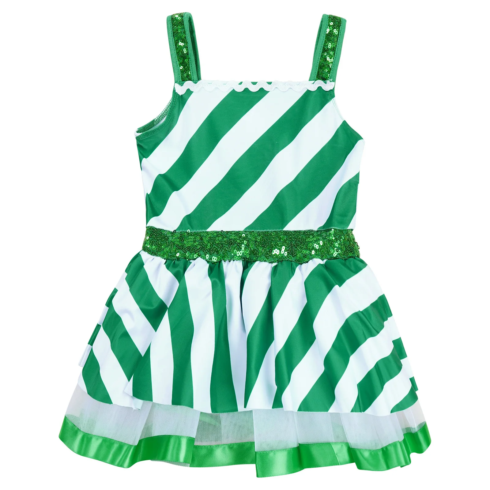 Kids Girls Christmas Halloween Dance Costume Candy Cane Santa Claus Leotard Tutu Dress Sequin Striped Evening Birthday Dancewear