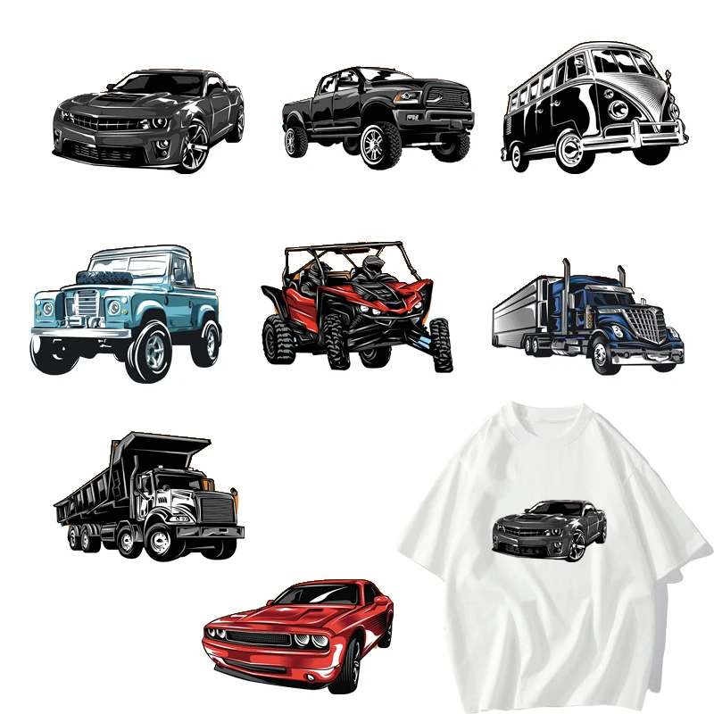 8 types Cool Street Personality Fashion Truck Car Racing DTF Thermo Sticker Decals Heat Transfer Clothes Clothing Diy Accessory