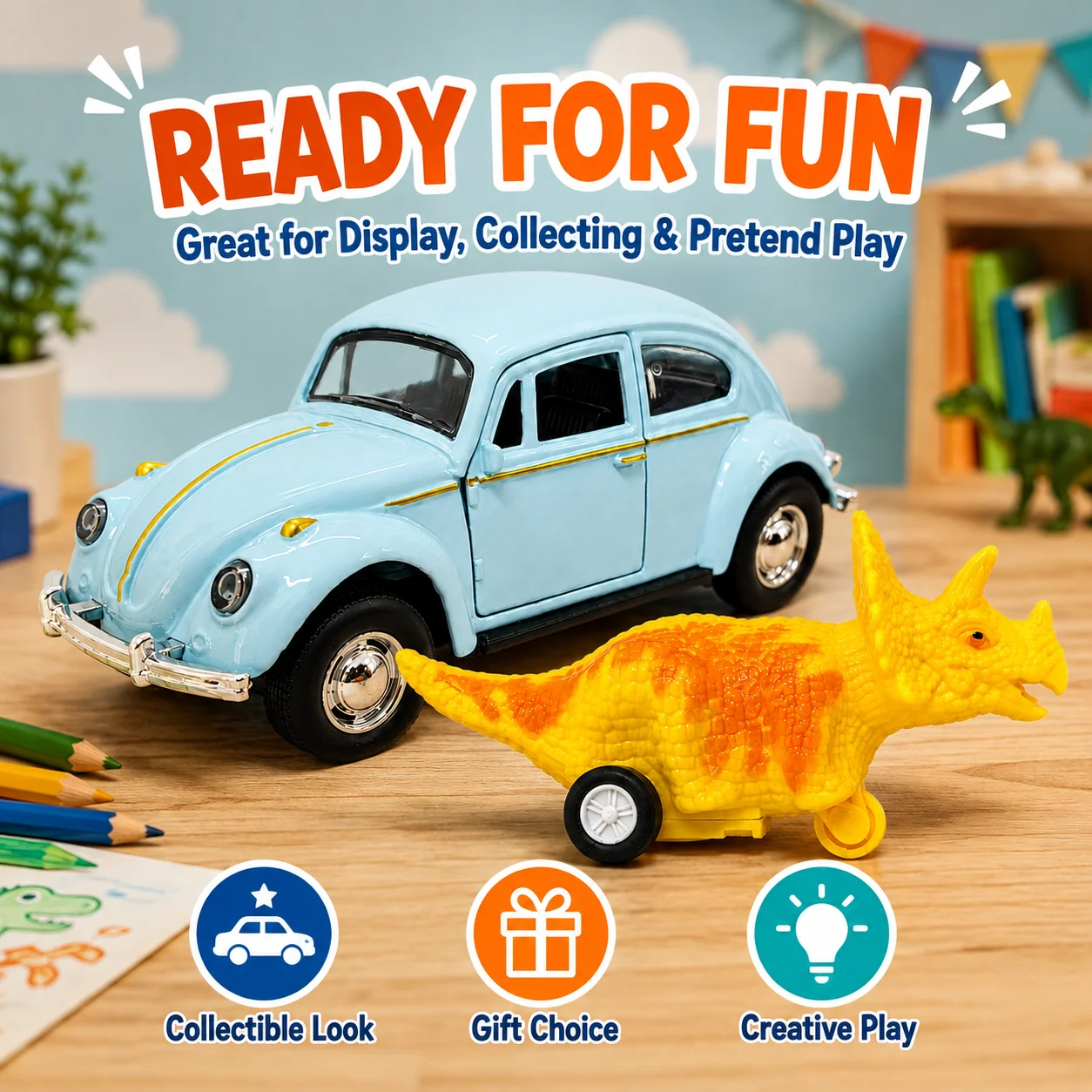 MQUDUO Blue Classic Car and Triceratops Toy Set, Textured Dinosaur Figure with Rolling Wheels, Vehicle Collection Gift