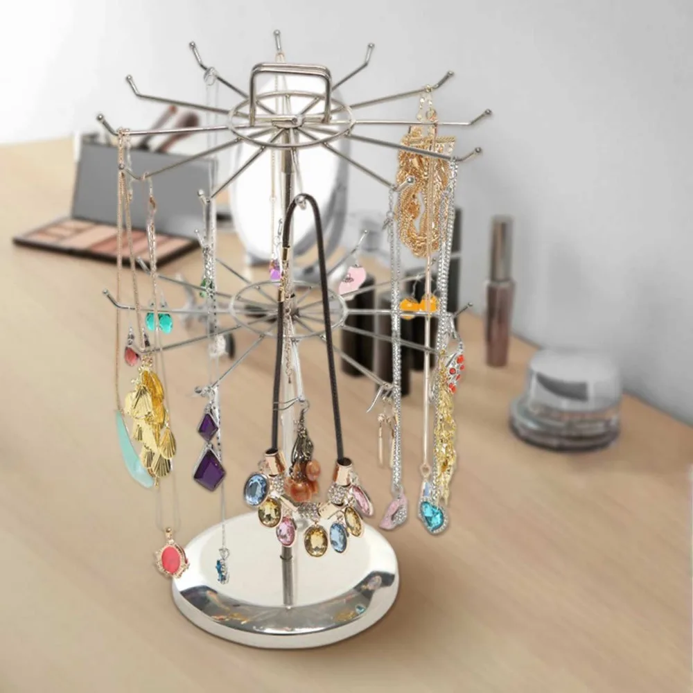2-Tier Design Jewelry Organizer Stand Iron Material Rotatable Two Tier Jewelry Rack Hooks Included Round Shape Bracelet Storage