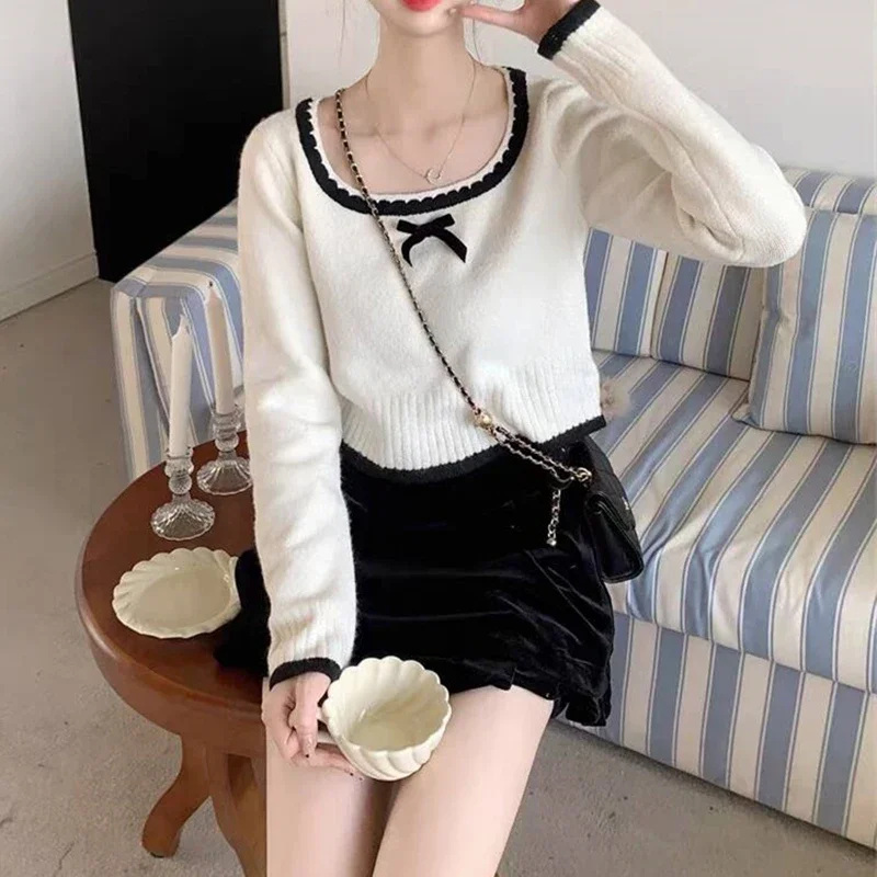 Fashion korean long Sleeve square collar bow Casual solid Knitted Shirt Autumn Winter Knitwear Crop Tops Women Pullover Sweaters