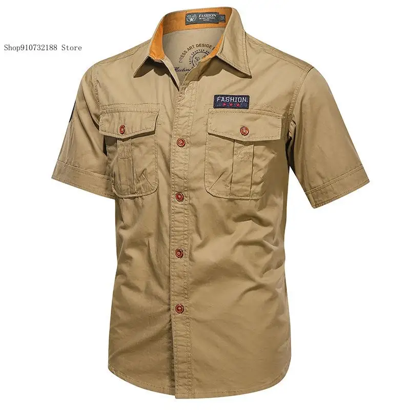 Summer and Autumn Workwear Style Pure Cotton Short Sleeved Sports Casual Shirt for Middle-Aged and Young People Pure Color Tops