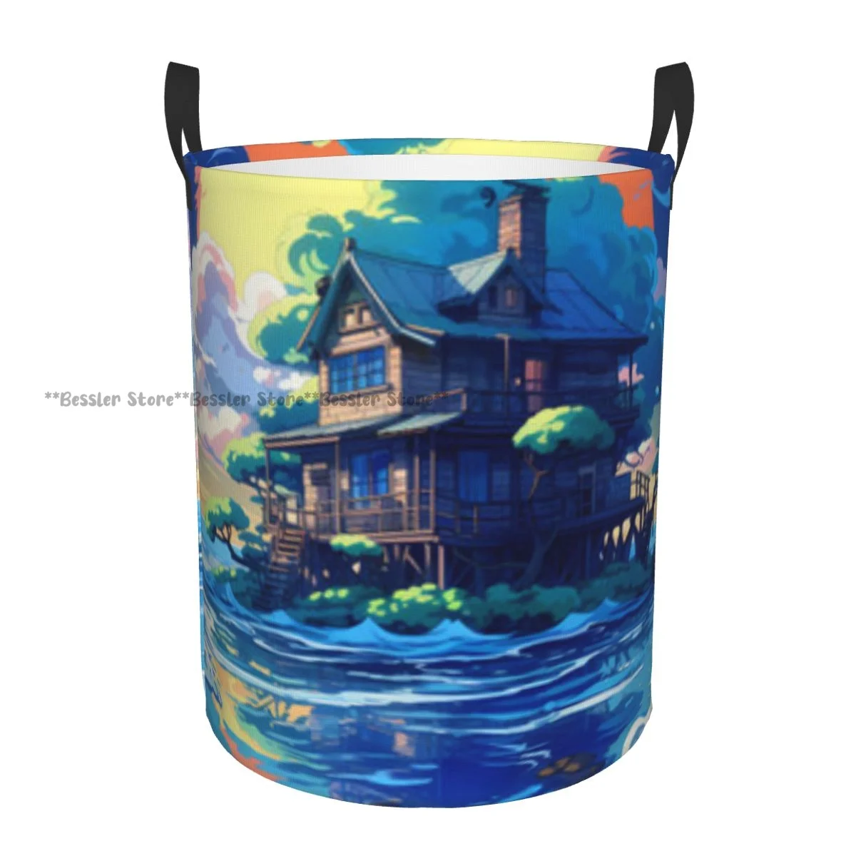 Dirty Laundry Basket Old Wooden House On The Lake At Sunset Folding Clothing Storage Bucket Home Waterproof Organizer