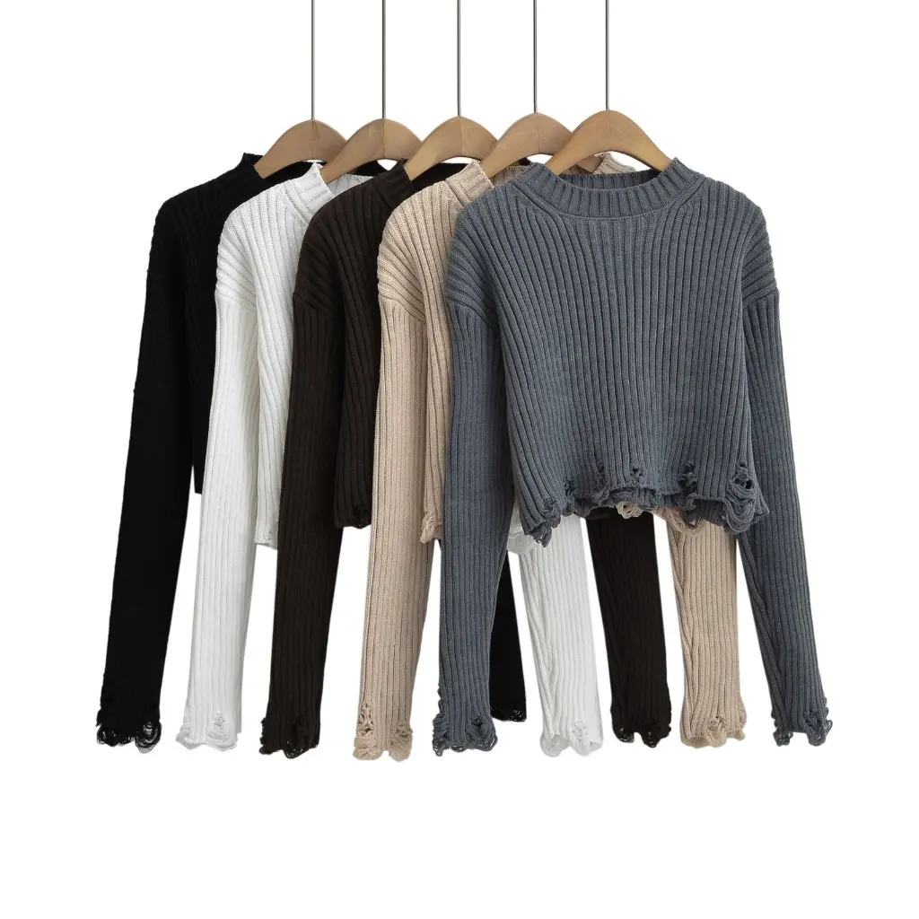 

Женский рваный пуловер с потертыми краями и круглым вырезом, вязаный свитер, нишевый дизайн, утолщенный французский короткий топ на осень-зиму