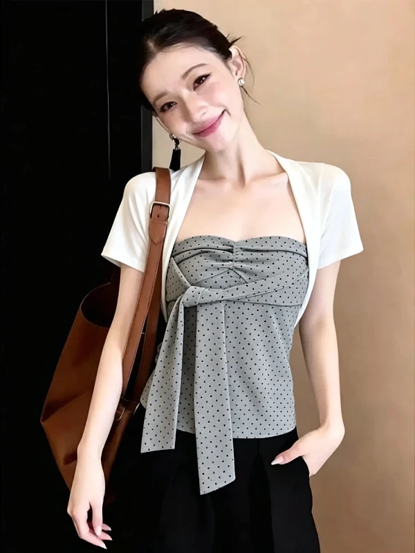 

plus Size Polka Dot V Neck Strap Top Women Summer Knot Waist Slimming Crop Top Two Piece Set Fashionable Casual Wear