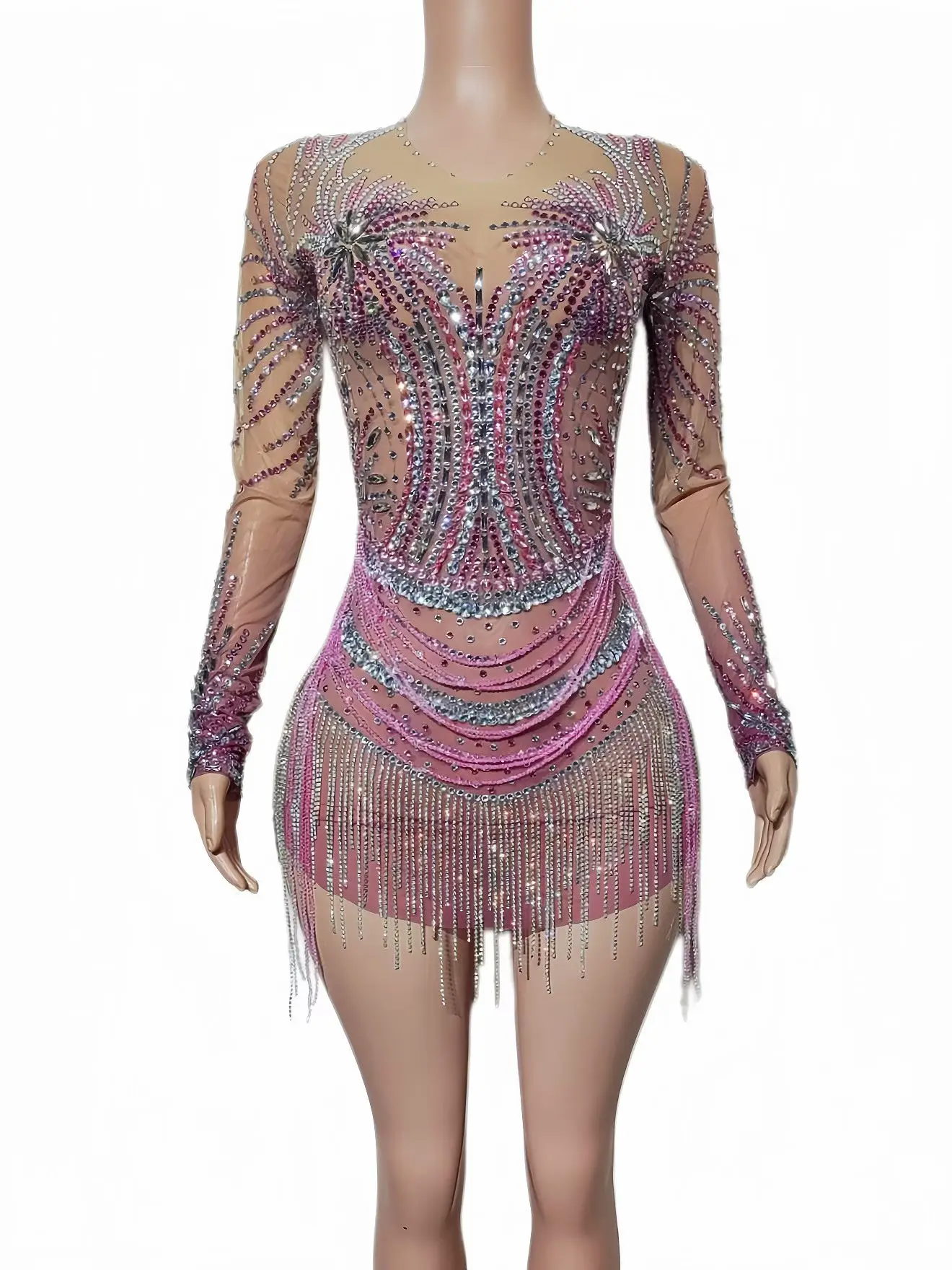 Feilinfen Green Print Mesh Fringe Dress One Long Sleeve High Neck Tassel Rhinestone Latin Dance Competition Stage Outfit view 5