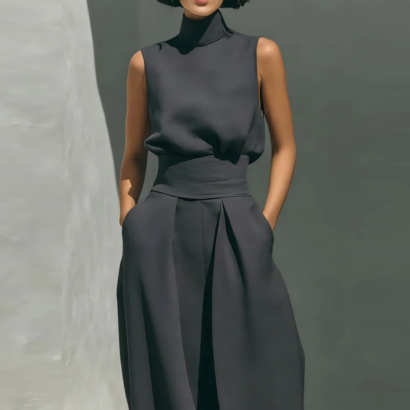 

Elegant Turtleneck Sleeveless Top & Long Pant Suit Women Fashion Cotton Linen Pocket Loose Set Casual Wide Leg Solid 2Pc Outfits