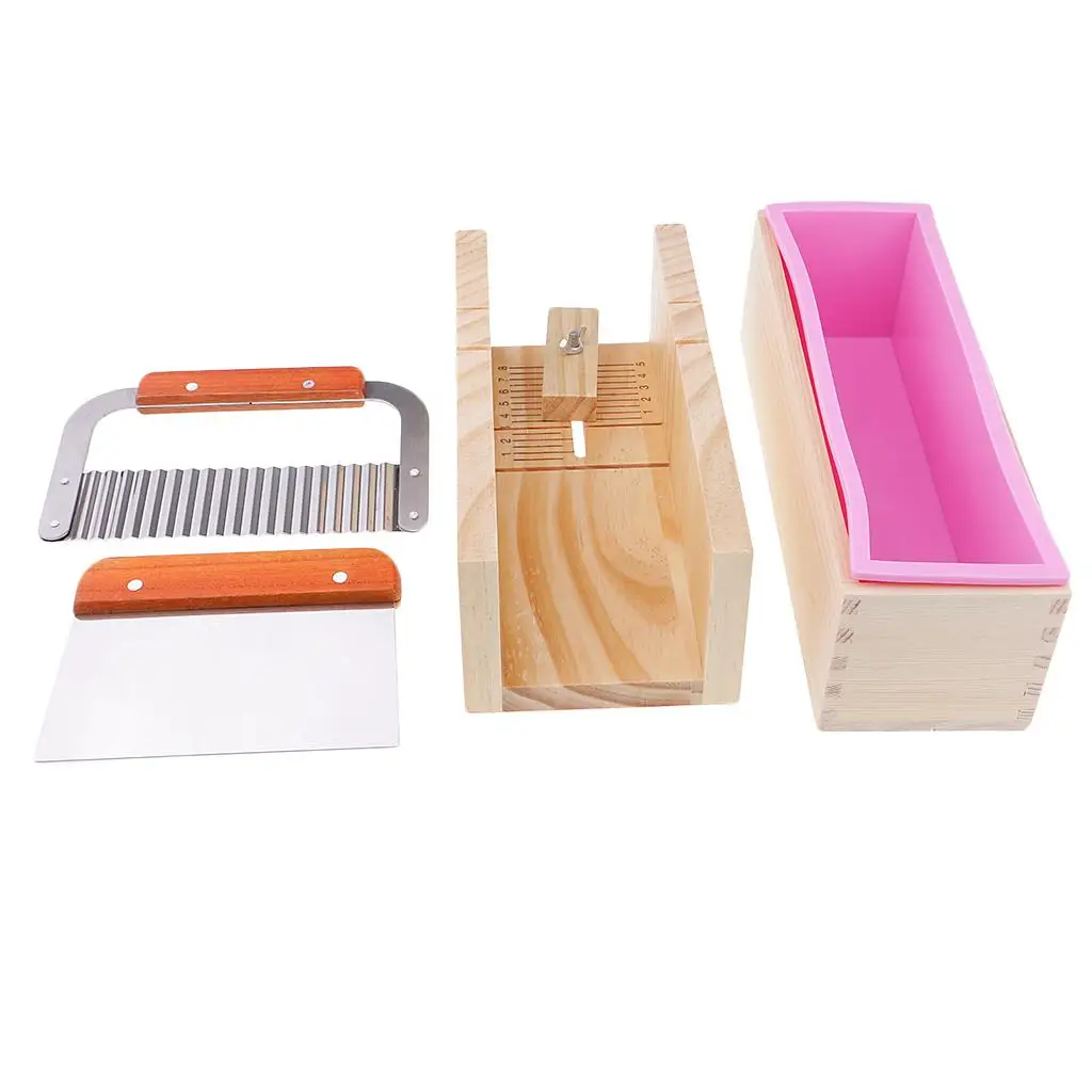 Wooden Soap Loaf Cutter + 2 Pieces Stainless Steel + Rectangle Silicone with DIY Soap Making Supplies