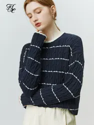 FSLE 9.5% Wool Women Round Neck Casual Commuter Stripe Pullover Cable Design Women Drop Sleeve Sweaters Winter Loose Tops