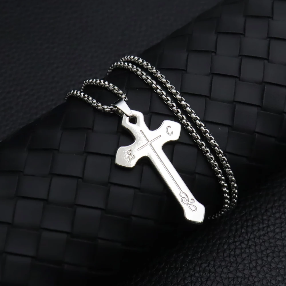 Stainless Steel EC Cross Necklace Double Sided Engraved Text Vintage Religious Cross Pendant Faith Unisex Men Women Necklace
