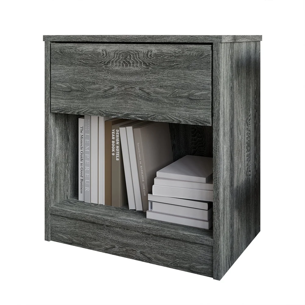 

Minimalist Nightstand with Drawer and Open Shelf Modern Bedside Table Bedroom Storage Organizer Furniture Wood Gray