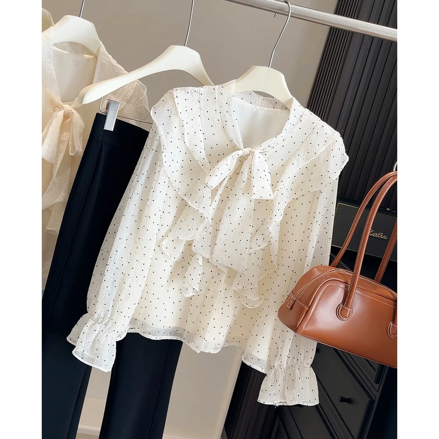 Women's Polka Dot Heart Ruffled Blouse, 2026 Spring New Arrival, Elegant Unique Long Sleeve Top