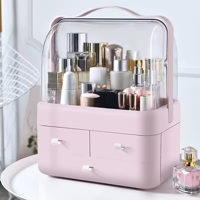 1pc Scatola per la ricezione di cosmetici Organizzatore per trucco da tavolo antipolvere con cassetto per prodotti per la cura della pelle Scaffale per scatola di immagazzinaggio per la casa