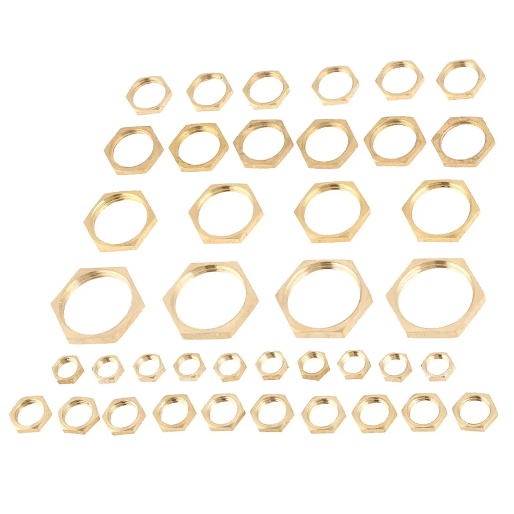 40Pcs Brass Hexagonal Lock Nut Set Assorted Sizes Threaded Pipe Hose Use for Vehicle Machine Drilling Equipment Professional Nut