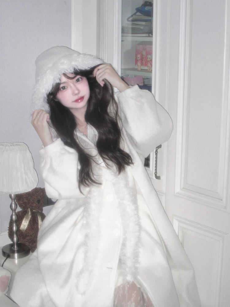 2025年冬新作ミドル丈レディースコート、ゆったりとしたウール素材のジャケット、ロング丈、フード付き、ホワイトカラー、韓国風ストレートカット