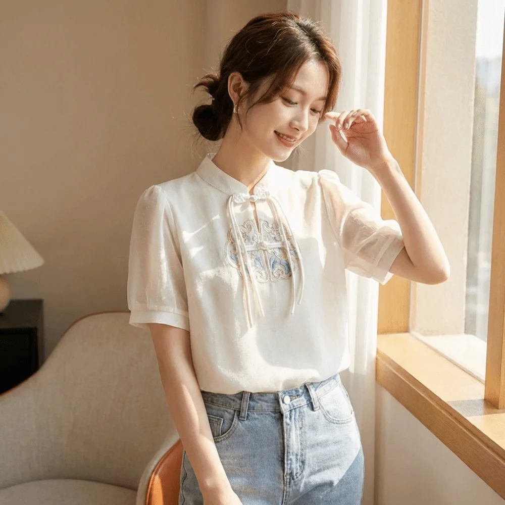 New Chinese Style Embroidered Chiffon Blouses Stand-Up Collar Breathable Short Sleeve Shirts Slimming Blouses Summer