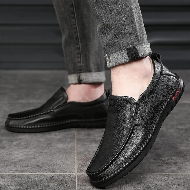 Business Genuine Leather Men Shoes Summer Slip on Loafers Breathable Men Casual Leather Shoes Black Flats Driving Shoe Moccasins