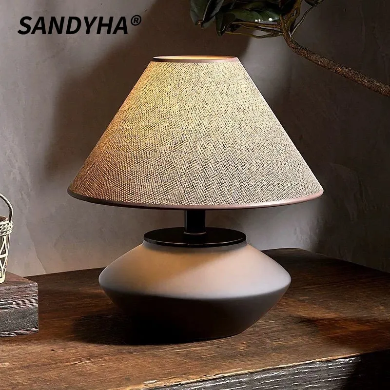 

SANDYHA Chinese Retro Black Ceramic Floor Lamp LED Light for Living Room Study Bedroom Decoration Home Fabric Lampshade Design