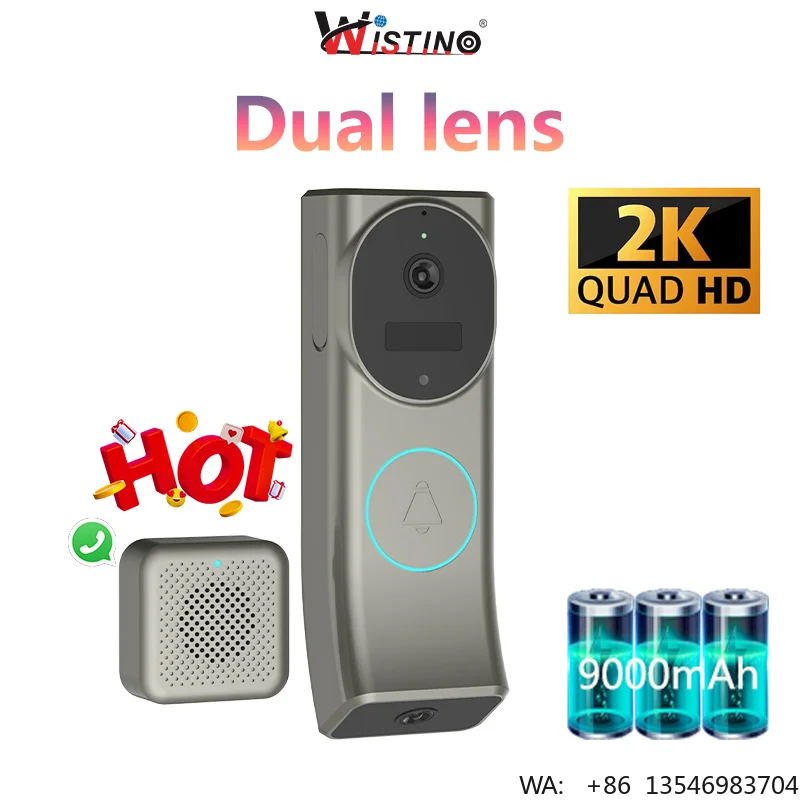 Wistino 2K Dual Cctv Camera Doorbell 9000mAh Battery Capacity 90 Days Door Bell Camera Wifi for Cctv Camera