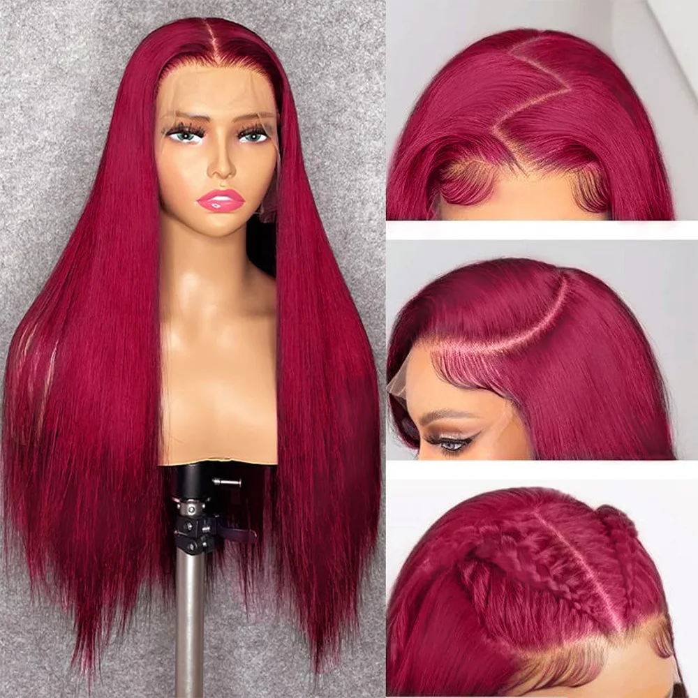 200 Densidad 99J Borgoña 13x4 Pelucas de cabello humano Frontal de encaje Color brasileño 34 pulgadas Pelucas delanteras de encaje rojo recto Cabello humano