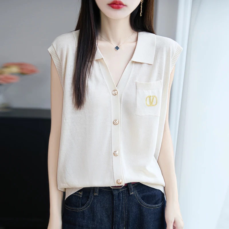 

Новинка лета 2025 года, корейская мода, универсальный полосатый вязаный кардиган в стиле вестерн с воротником, женская майка без рукавов, тонкая футболка