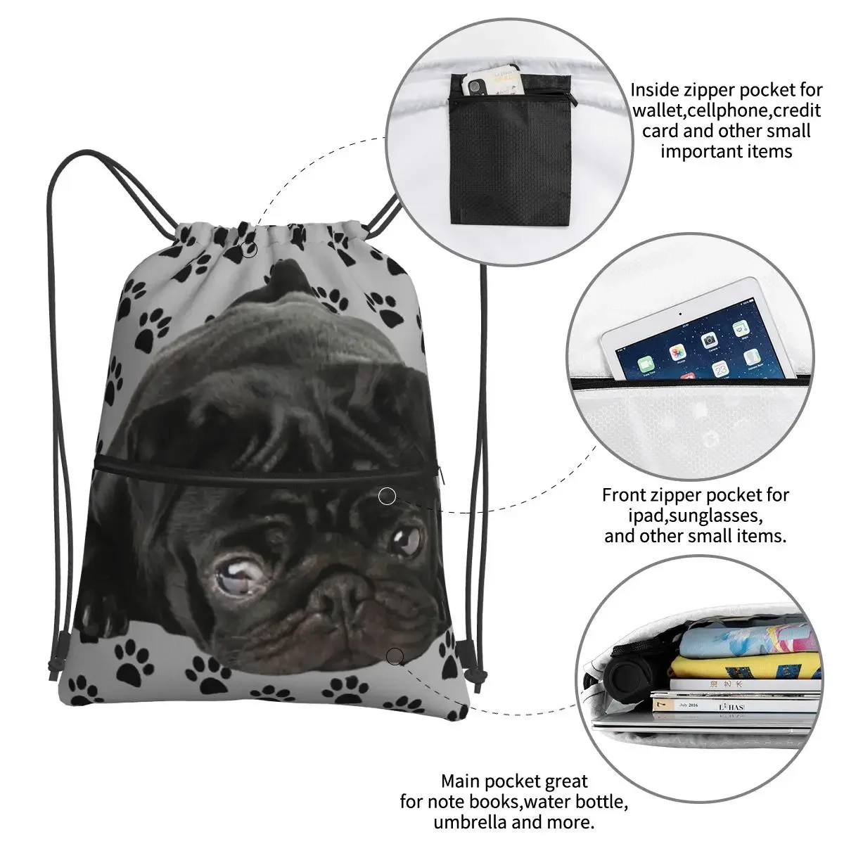 Mochilas portáteis adoráveis Black Pug, Saco De Cordão De Moda, Bolso De Pacote, Sapatos, Viagem, Esporte, Homem, Mulher