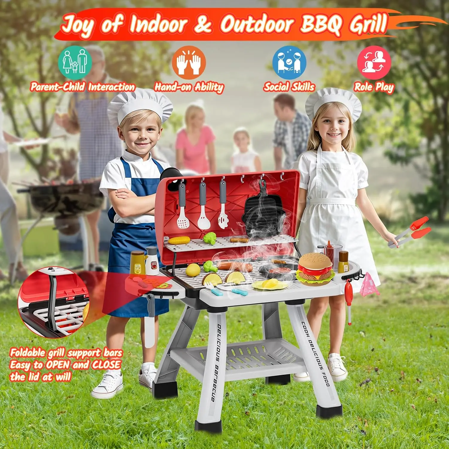 Kids Toys Kitchen Playset, BBQ Grill Playset , Pretend Play Food Toys Barbecue Cooking Game for Toddlers Boys Girls 3-5